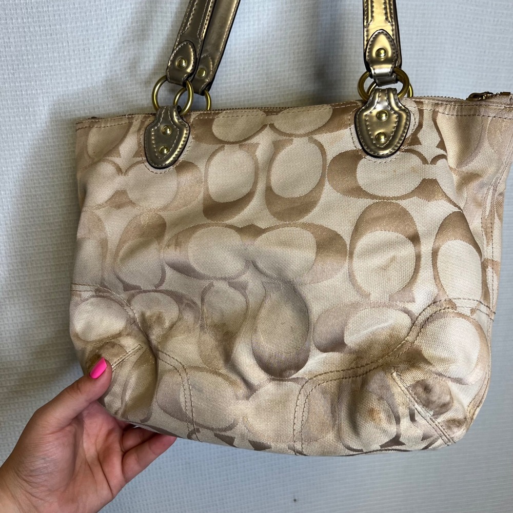 Coach Ashley Signature Jacquard Satchel Khaki Gold Shoulder Bag 23261 - Picture 3 of 8